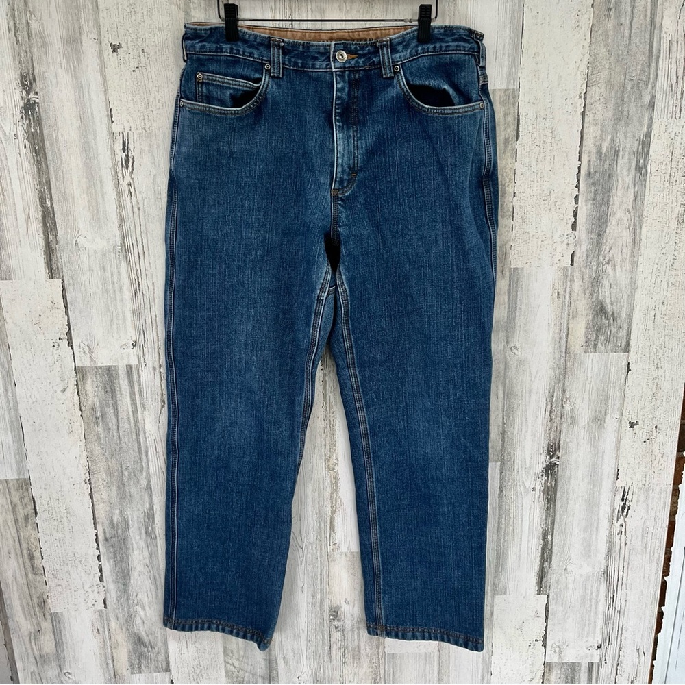 Duluth Trading Co Flex Ballroom Blue Denim Jeans Size 36X31 Zip & Button Closure
